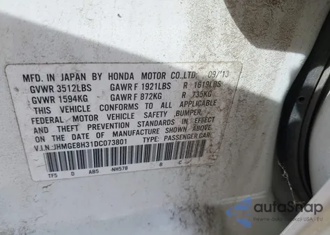 2013 Honda Fit z USA, uszkodzony, nr VIN JHMGE8H31DC073801